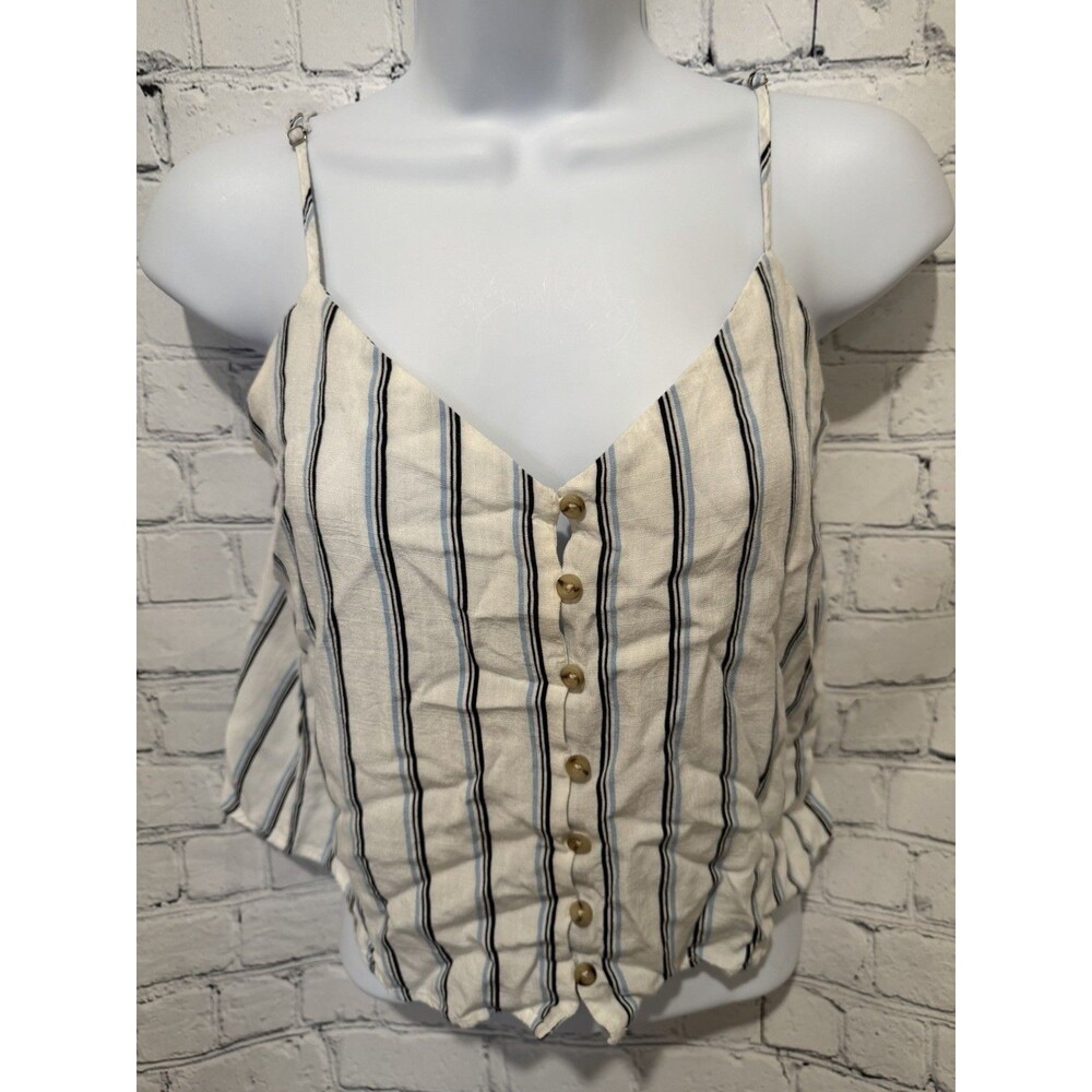 Becaal Blue And Black Striped Cream Tank Crop Button Front Small